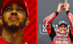 Left: close-up of a man in a red cap looking upward; right: race car driver in a red suit raises a trophy with a smile.