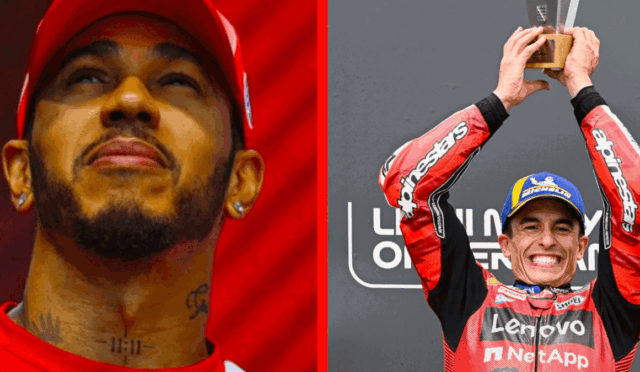 Left: close-up of a man in a red cap looking upward; right: race car driver in a red suit raises a trophy with a smile.