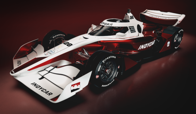 IndyCar race car in white and red livery, shown from a front-left angle against a dark red background, with INDYCAR branding visible.