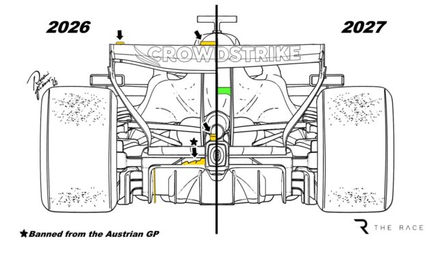 Illustration of a Formula 1 car viewed from behind, with a large 'CROWDSTRIKE' banner on the rear wing and the caption 'Banned from the Austrian GP' at bottom left.