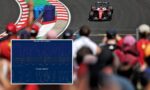 Formula 1 car on a racing track, with a blue speed/telemetry chart partially overlaying the foreground crowd scene.