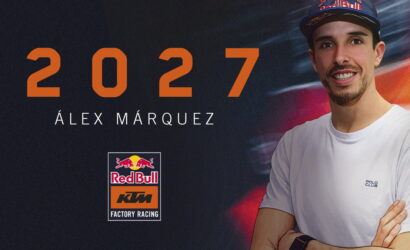 Álex Márquez 2027 poster with Red Bull KTM Factory Racing branding on a dark background.