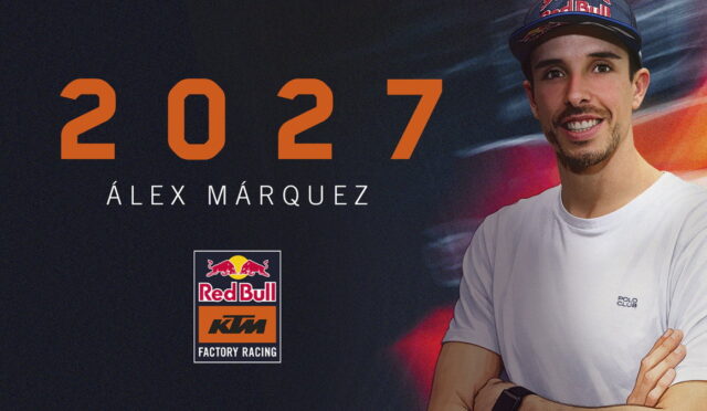 Álex Márquez 2027 poster with Red Bull KTM Factory Racing branding on a dark background.