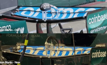 Montage of Aston Martin race cars in a pit, with sponsor banners and 'Aston Martin - Old' and 'New' captions.