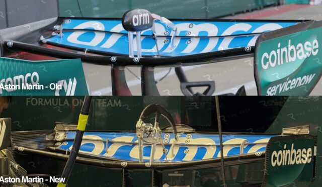 Montage of Aston Martin race cars in a pit, with sponsor banners and 'Aston Martin - Old' and 'New' captions.