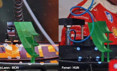 Close-up of green Formula 1 front wing and suspension parts during a pit stop, split image showing McLaren (left) and Ferrari (right).
