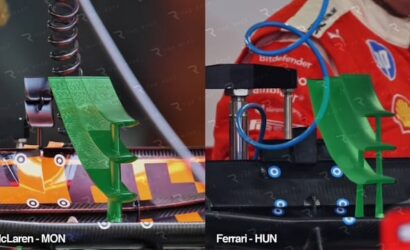 Two slot cars on a track, a McLaren (MON) on the left with a green rear wing and orange track pieces visible; a Ferrari (HUN) on the right with a blue cable and similar green wing, split screen view.