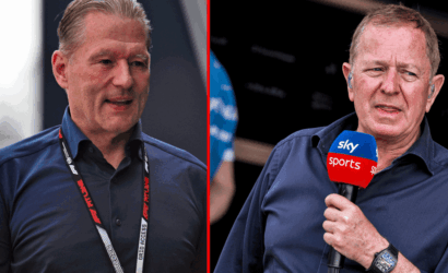 Two men at a sports event visible side by side in a split frame; left man with a lanyard, right man holding a Sky Sports microphone.