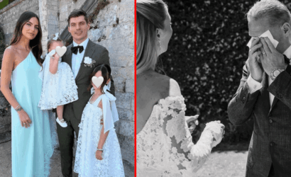 Split wedding scene: left shows a smiling family outdoors (woman in blue dress, man in suit, two girls in lace dresses); right shows bride in lace with a teary groom wiping his eyes with a tissue.