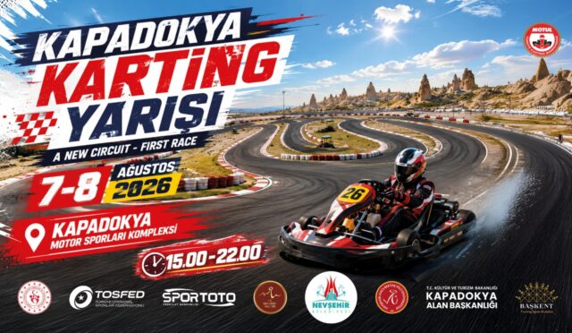 Karting race poster for Kapadokya Yarisi, with a winding track and a driver in red at the front, date 7-8 Aug 2026, Kapadokya motor sports complex in Türkiye.
