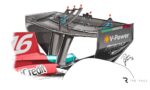 Illustration of a Formula 1 car's front wing and suspension with red arrows indicating airflow, showing Shell V-Power and Peroni branding