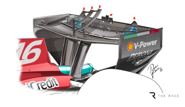 Illustration of a Formula 1 car's front wing and suspension with red arrows indicating airflow, showing Shell V-Power and Peroni branding