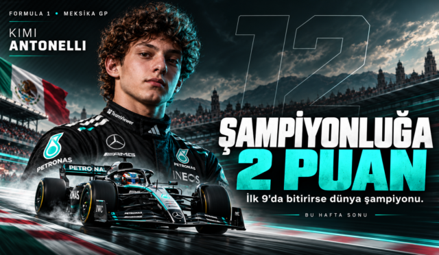 Portrait of racing driver Kimi Antonelli in a Mercedes suit beside a Formula 1 car on a race track, with bold Turkish text about '2 PUAN' championship headlining.